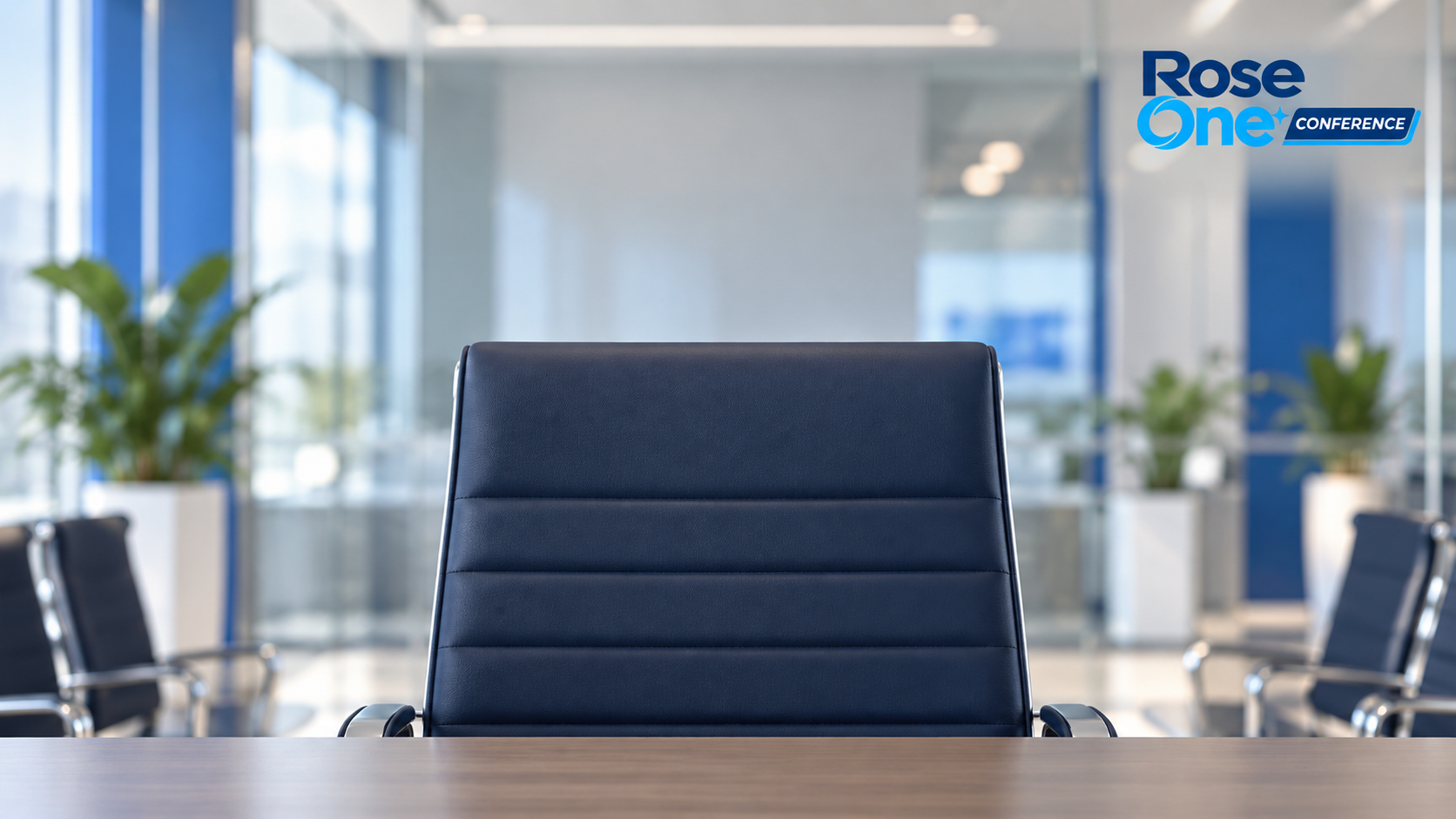 Cadeira de frente para a camera, mesa na parte inferior e sala de reuniao desfocada